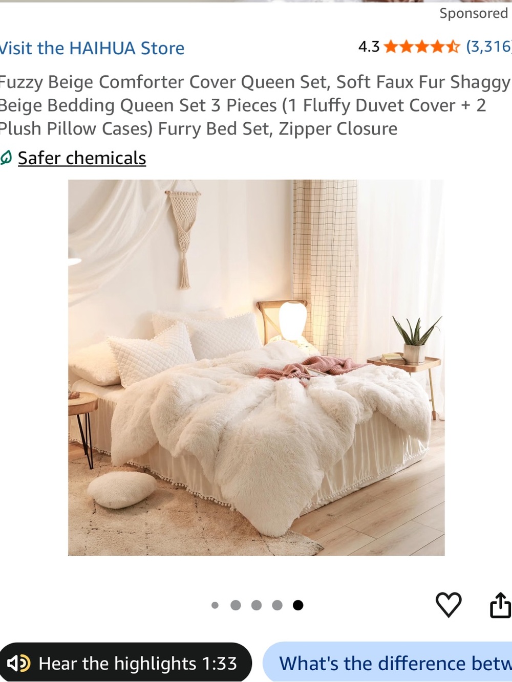 Beige Faux Fur Shaggy Comforter Cover Set - Plush Queen Bedding
